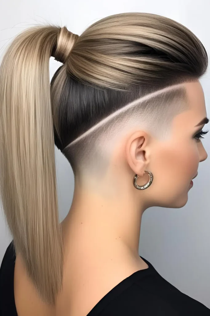"Sleek high ponytail with a bold side shave, creating a polished yet edgy look perfect for any occasion."