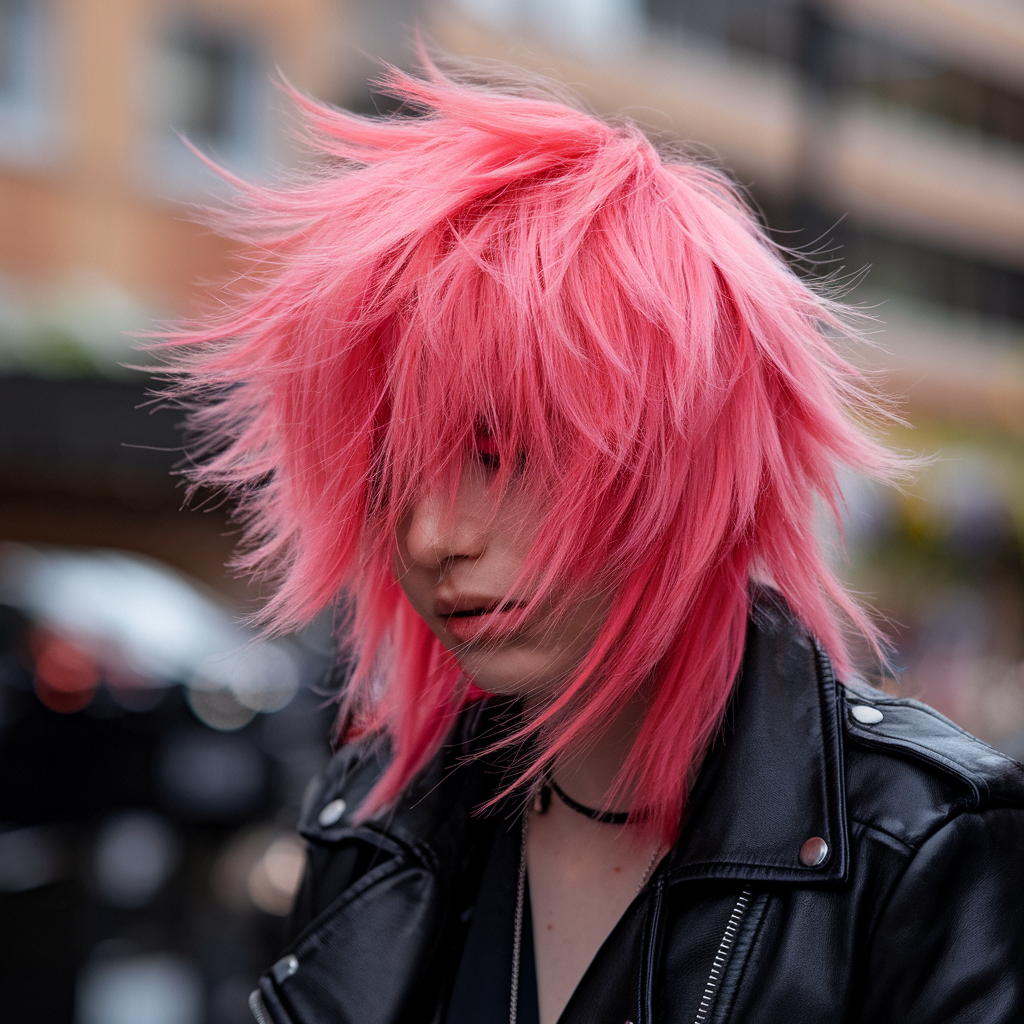 Bright Pink Wolf Cut with Tousled Bangs