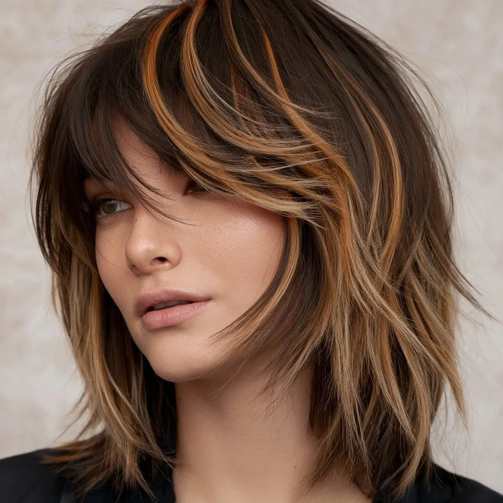 Dark Brown with Caramel Highlights Wolf Cut