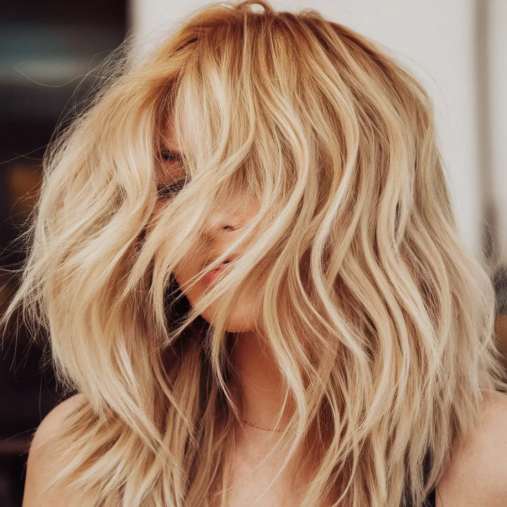 Golden Blonde Wolf Cut with Beach Waves