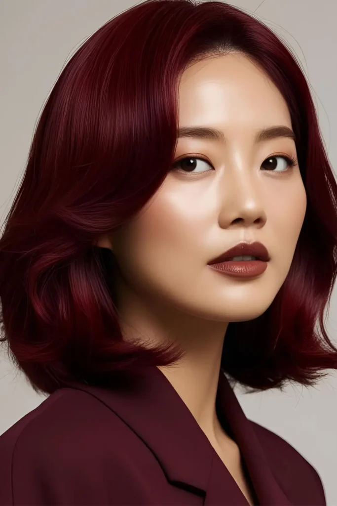 Korean woman with a bold burgundy red hairstyle, rich and sultry, complementing deeper skin tones.
