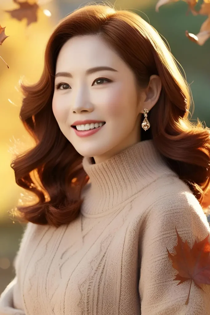 Korean woman with a rich auburn hairstyle, warm and vibrant, exuding an autumn-inspired elegance.
