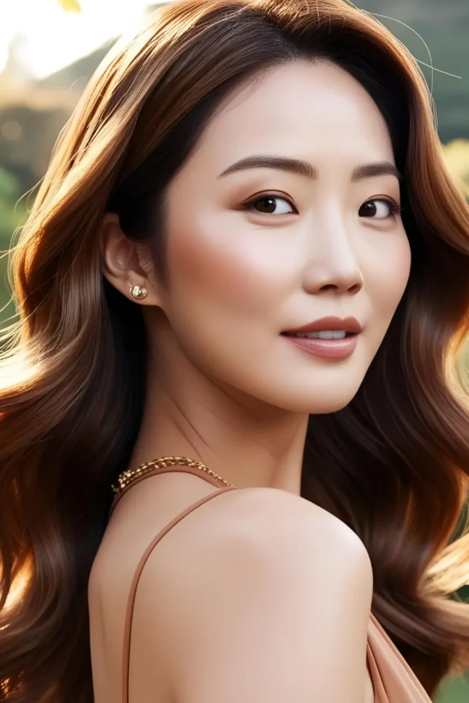 Korean woman with a rich caramel brown hairstyle, warm tones, and soft balayage for depth and dimension.
