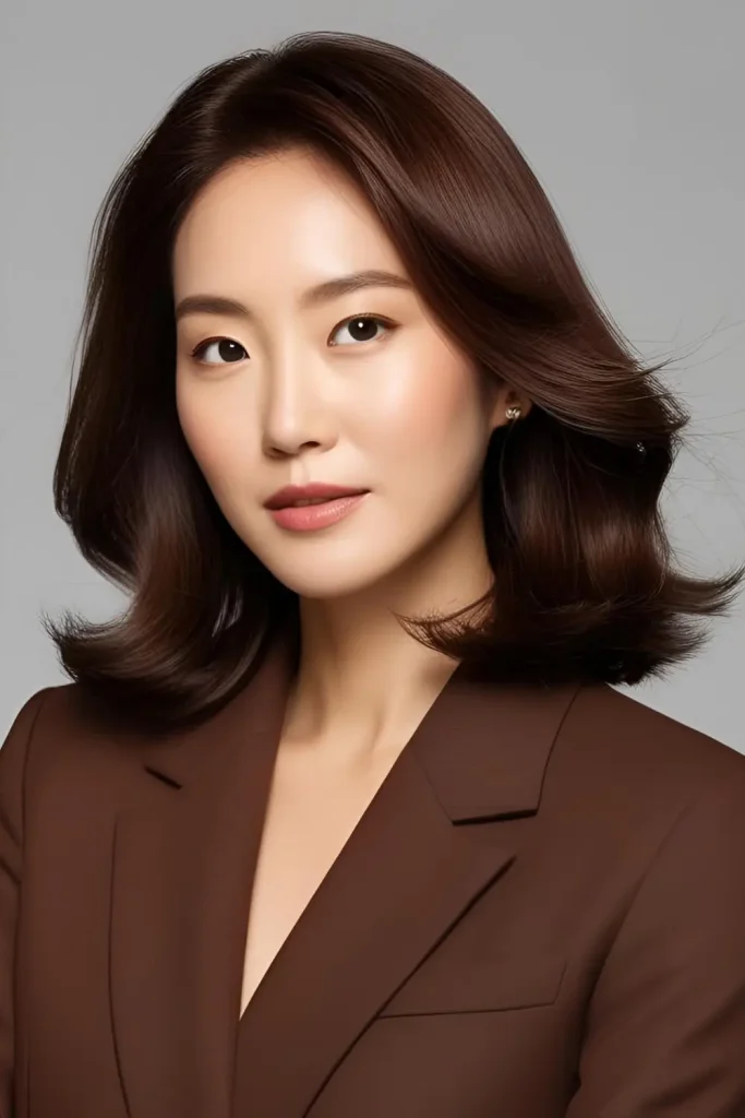 Korean woman with a rich chocolate brown hairstyle, classic and sophisticated, with a natural, dimensional look.
