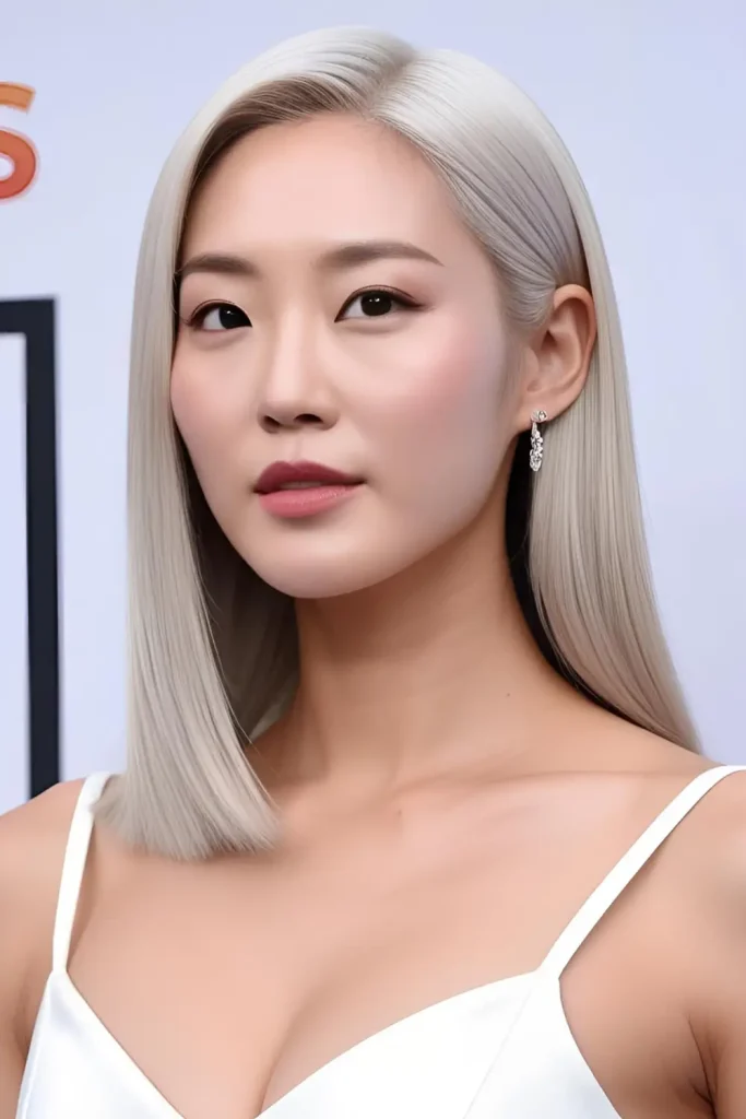 Korean woman with a sleek platinum blonde hairstyle, bold and striking, with a modern, elegant look.
