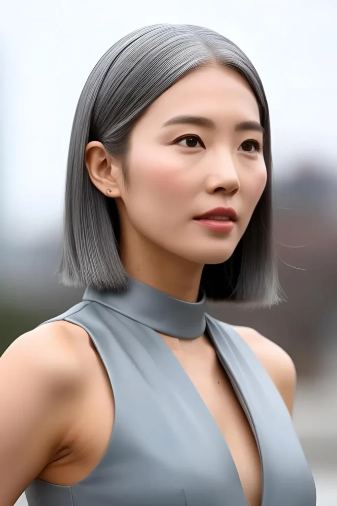 Korean woman with a sleek silver-gray hairstyle, futuristic and chic, exuding modern elegance.
