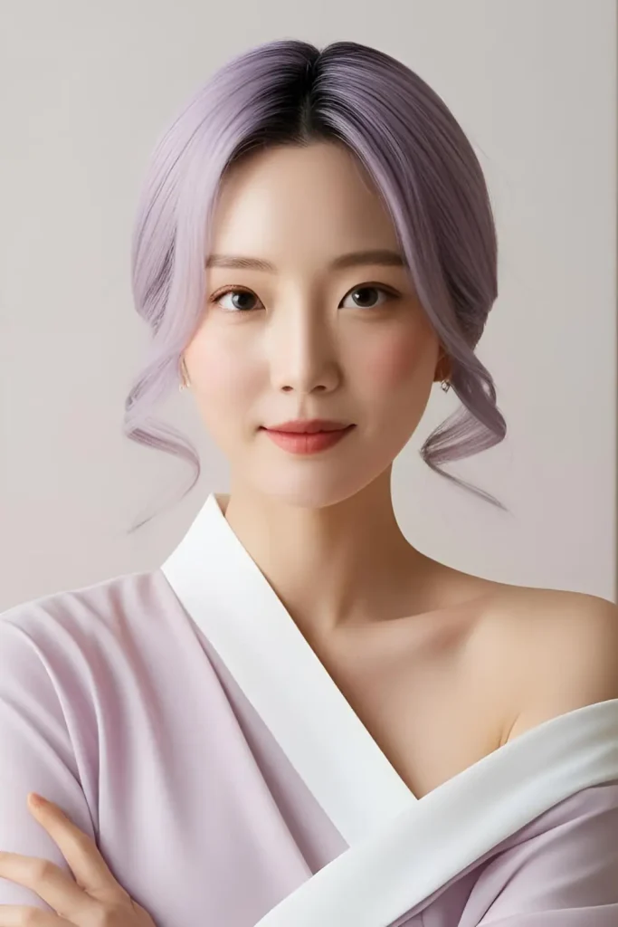 Korean woman with a soft lilac pastel hairstyle, dreamy and ethereal, with a gentle, elegant look.
