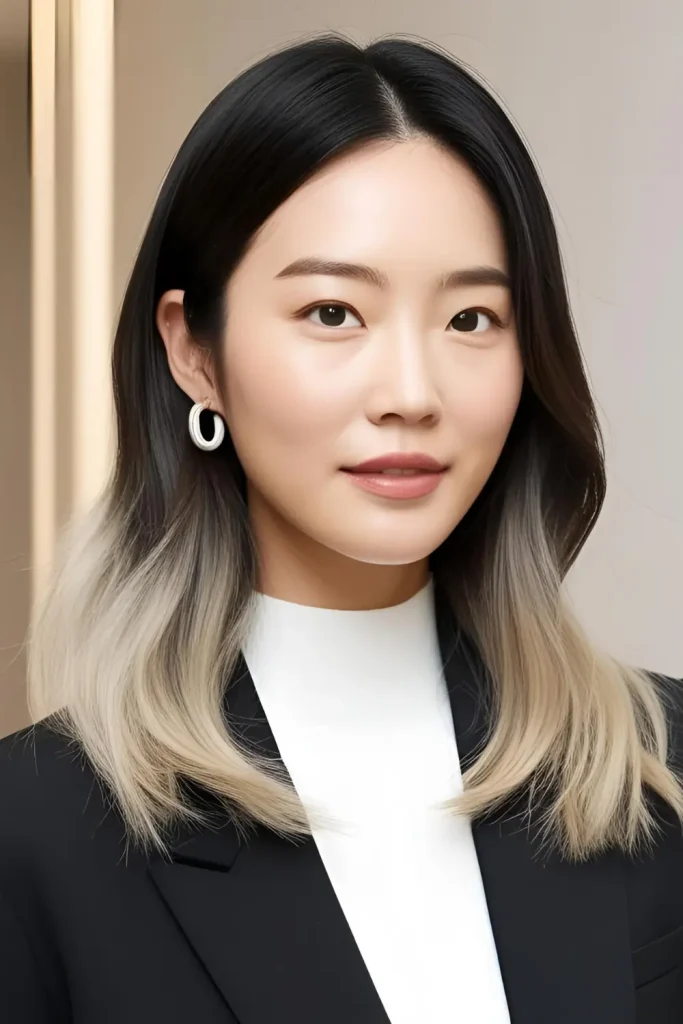 Korean woman with a stylish ombre hairstyle, transitioning from dark roots to lighter ends for a modern, effortless look.
