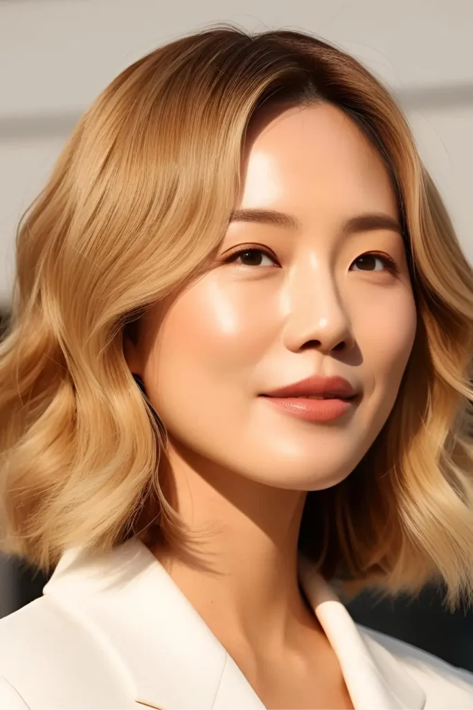 Korean woman with a warm honey blonde hairstyle, soft waves, and a sun-kissed glow.
