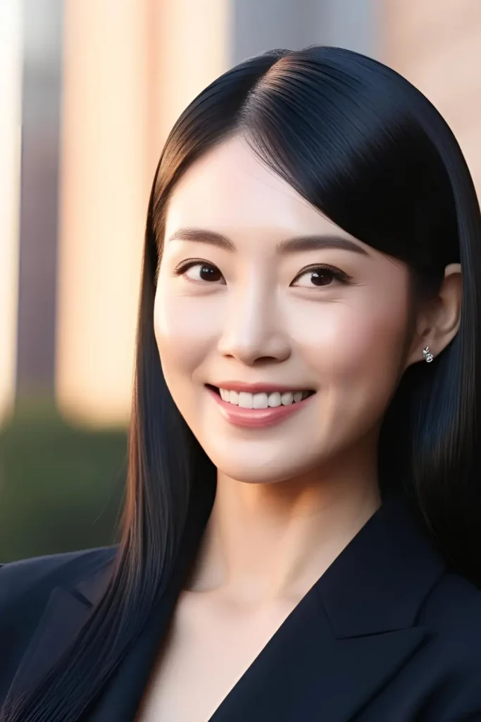 Korean woman with sleek, jet-black hair, exuding shine and elegance in a polished look
