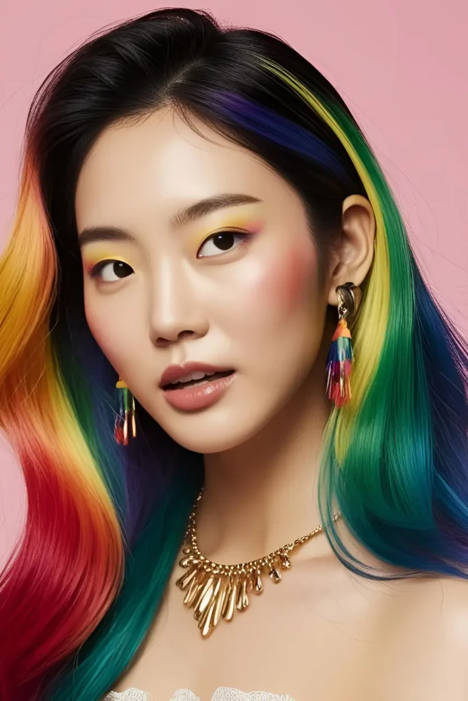 Korean woman with vibrant rainbow highlights, playful and creative, adding a bold, artistic touch to her hairstyle.
