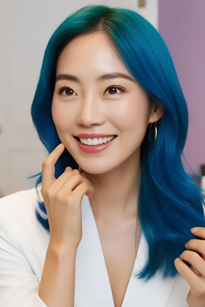 Korean woman with vibrant, well-maintained colored hair, 