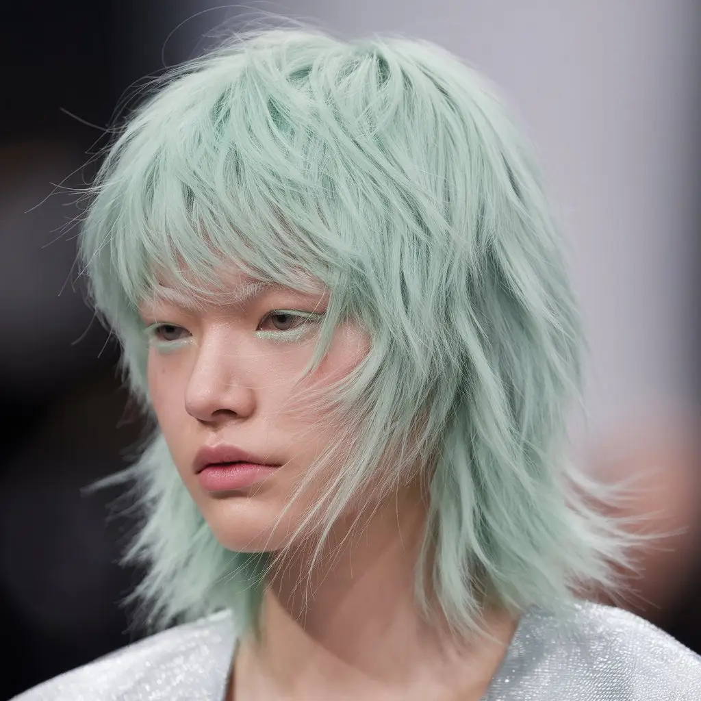 Mint Green Wolf Cut with Layered Volume