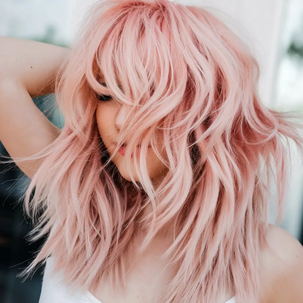 Peachy Pink Wolf Cut with Beach Waves