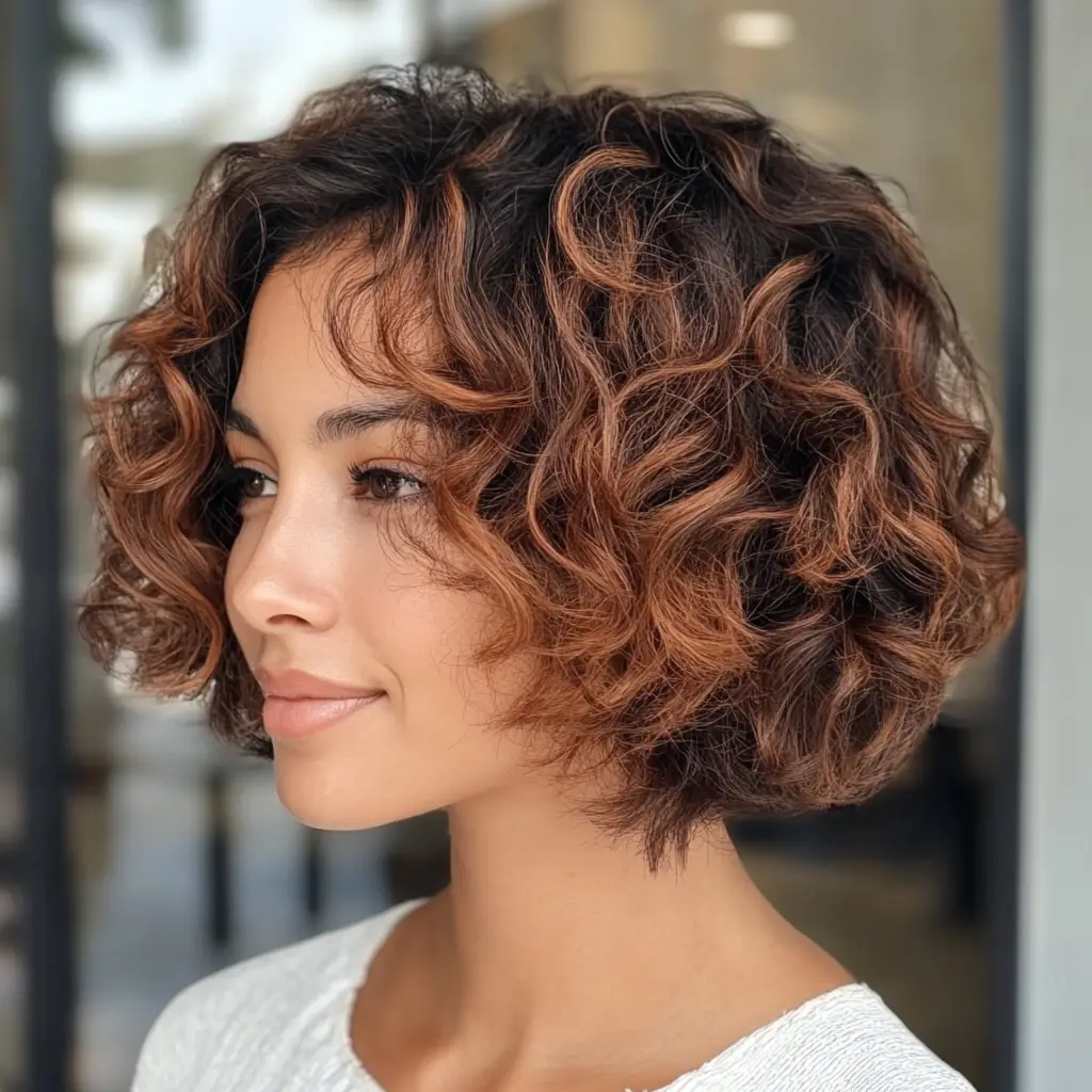 Caramel balayage on short curls