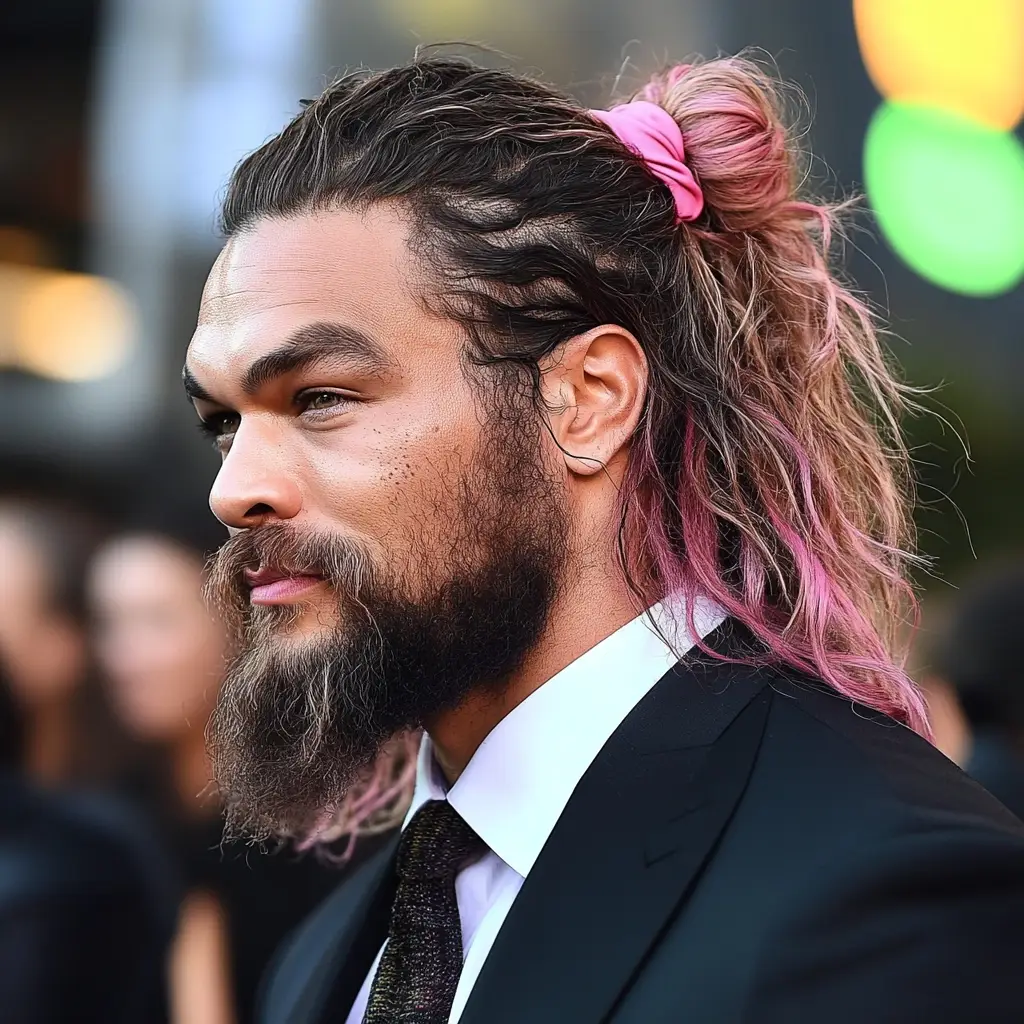Jason Momoa’s Pink Scrunchie Bun