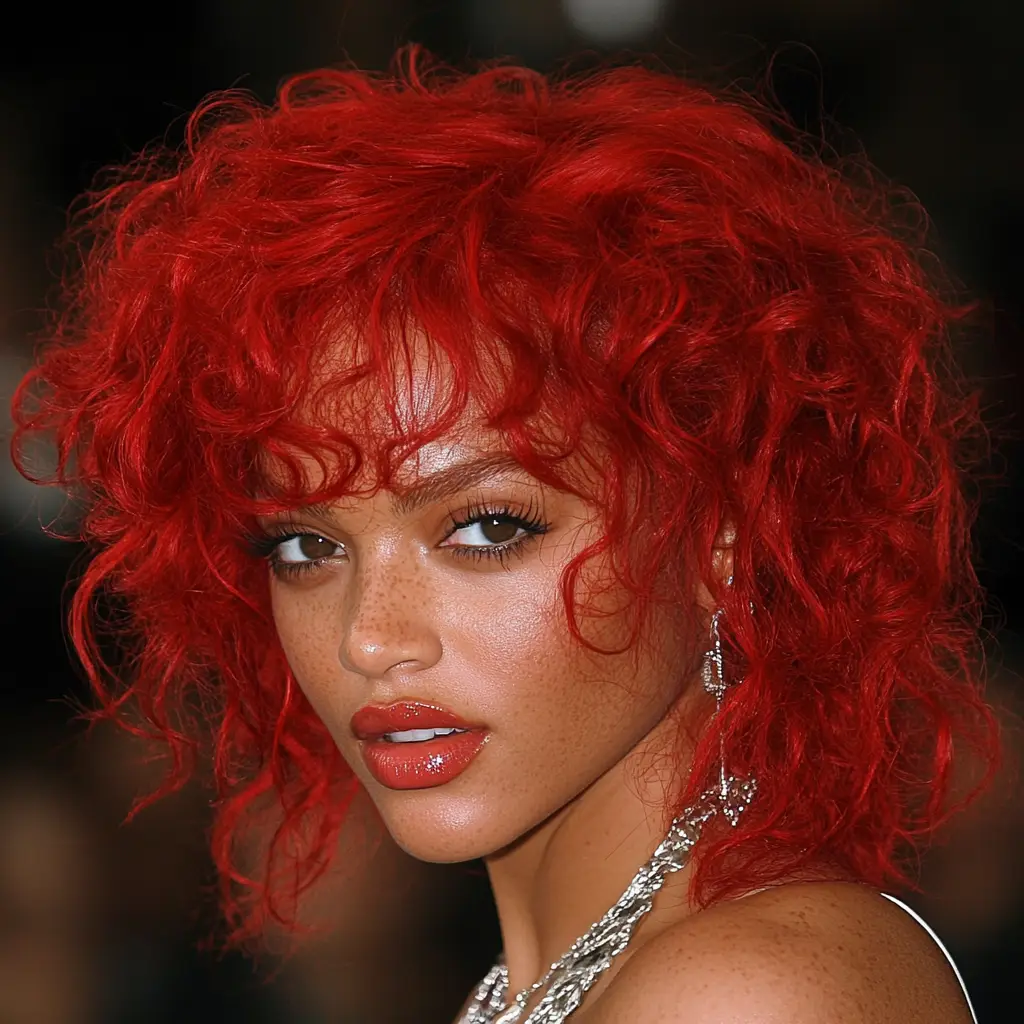 Rihanna’s Bright Red Curly Afro
