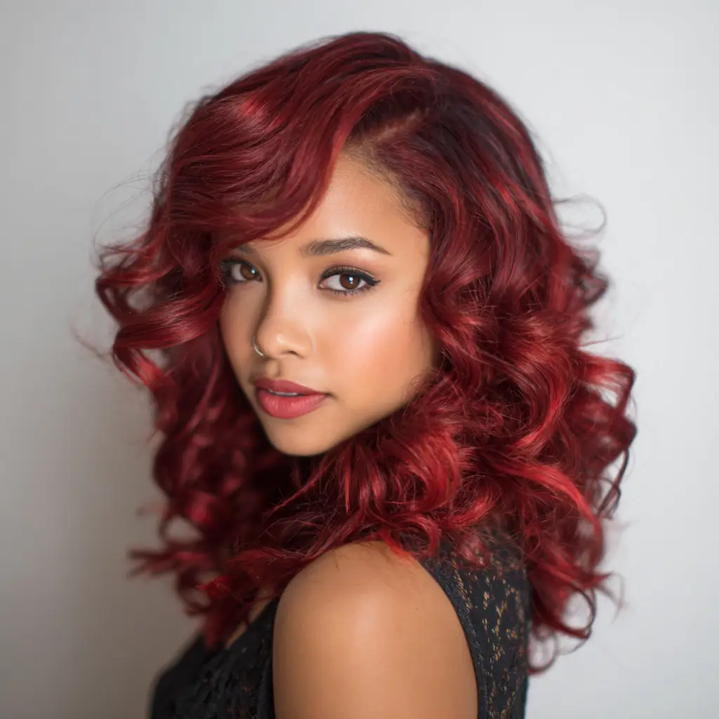 Deep Side Part with Red Curls