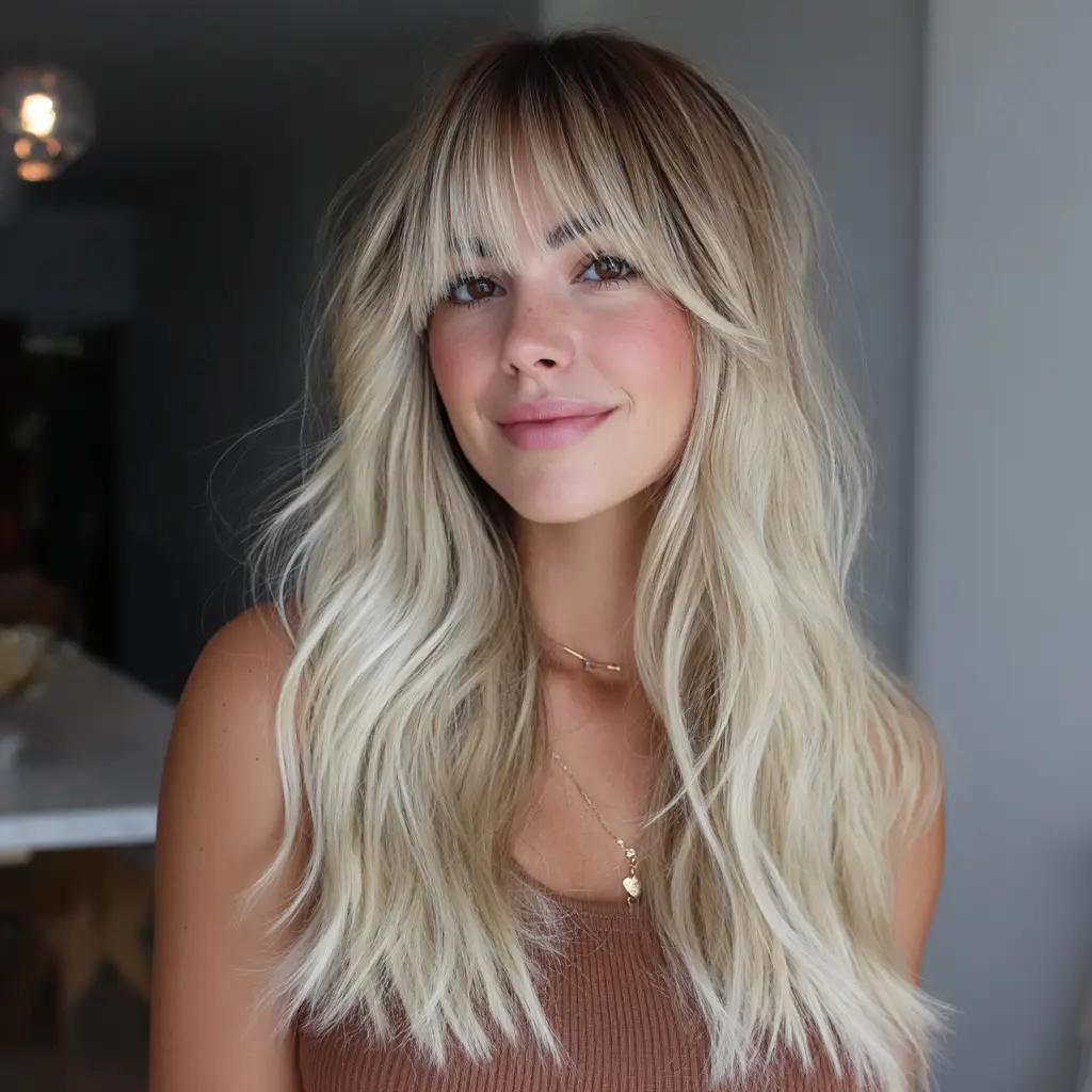 Blonde Balayage Wolf Cut with Curtain Bangs