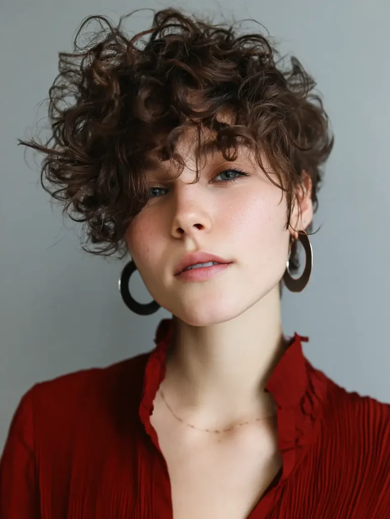 Curly Pixie Cut with Side-Swept Bangs