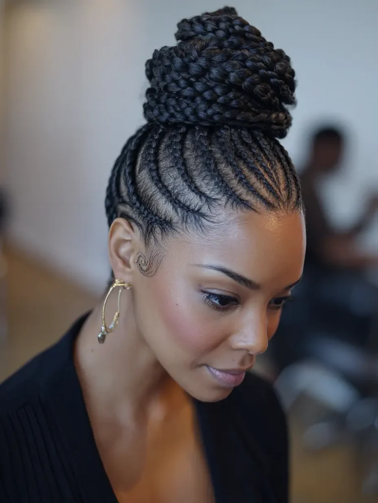 Goddess Cornrows with a High Bun
Goddess Cornrows