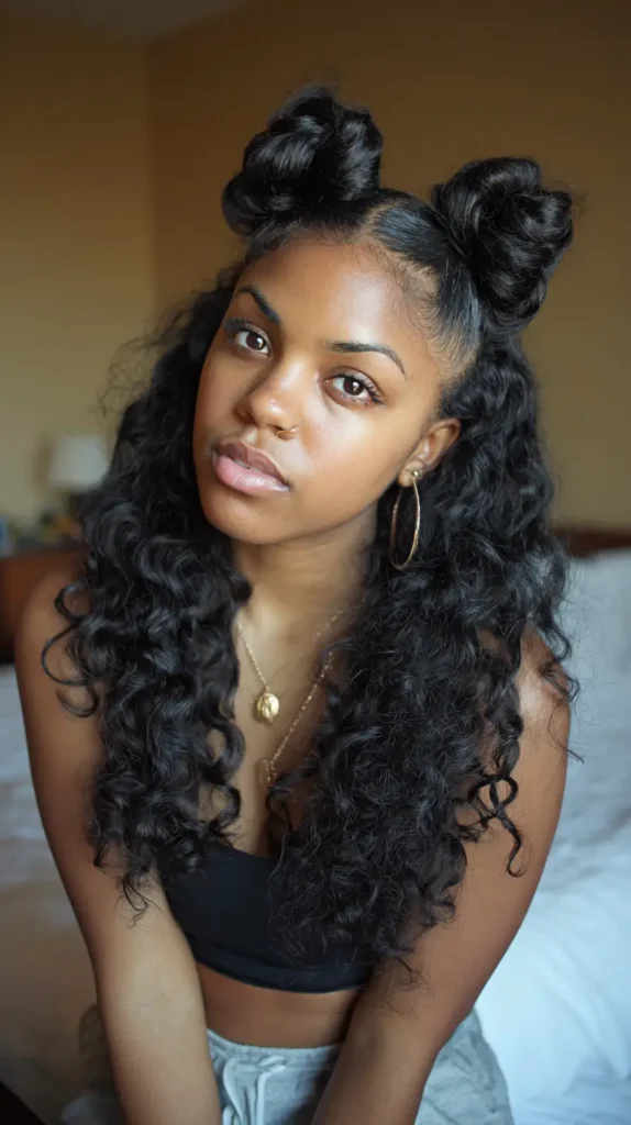 Half-Up Bantu Knots with Loose Curls