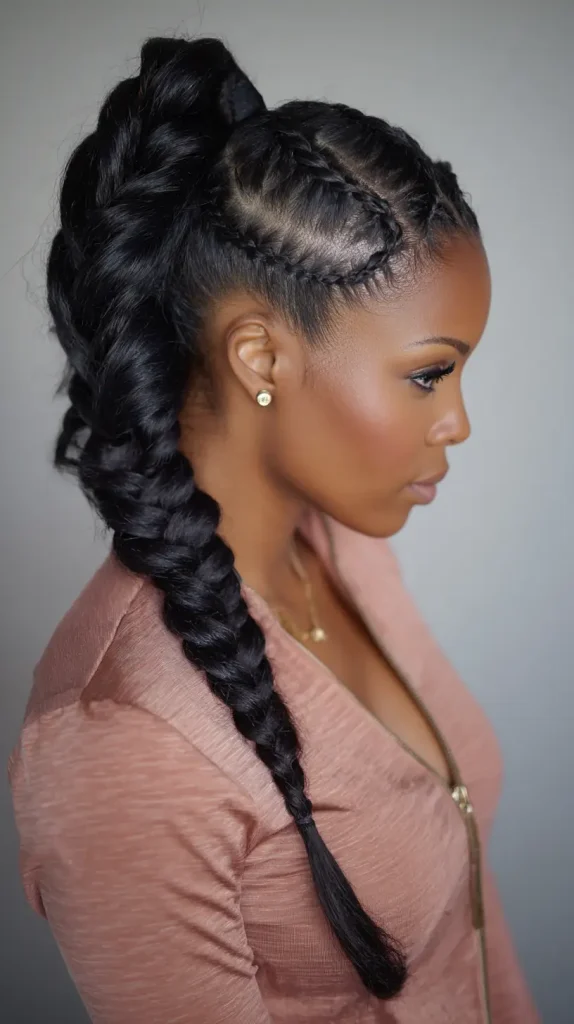 Two Cornrow Braids Into Mid Ponytail
