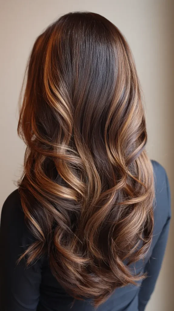  Caramel Highlights with Curtain Bangs