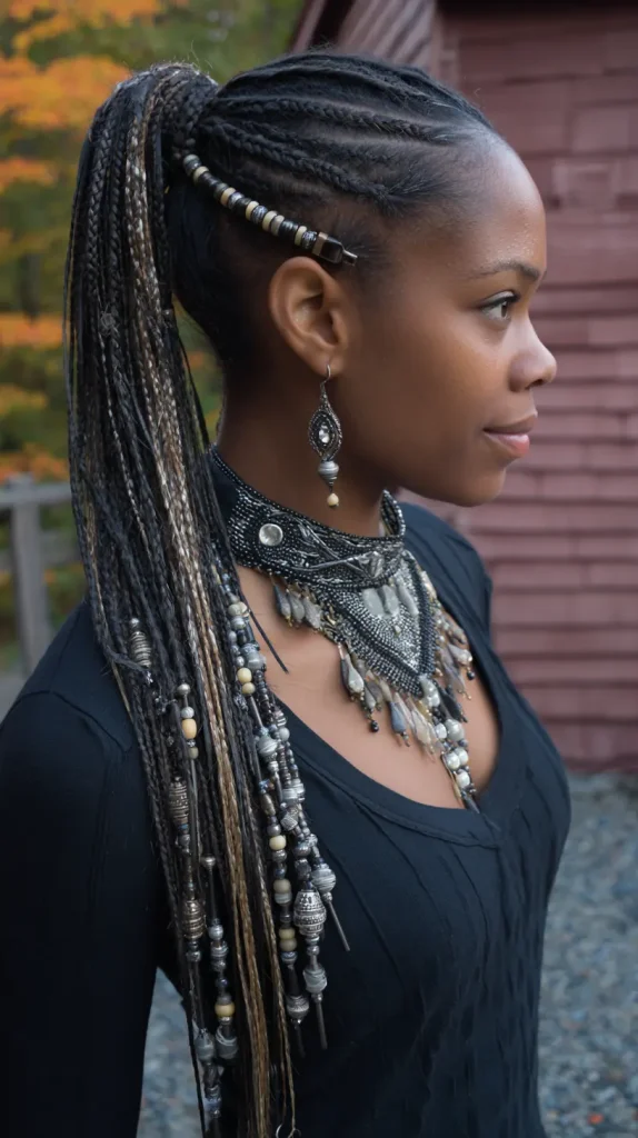 Cornrows into a High Ponytail with Beads
Cornrows with Beads