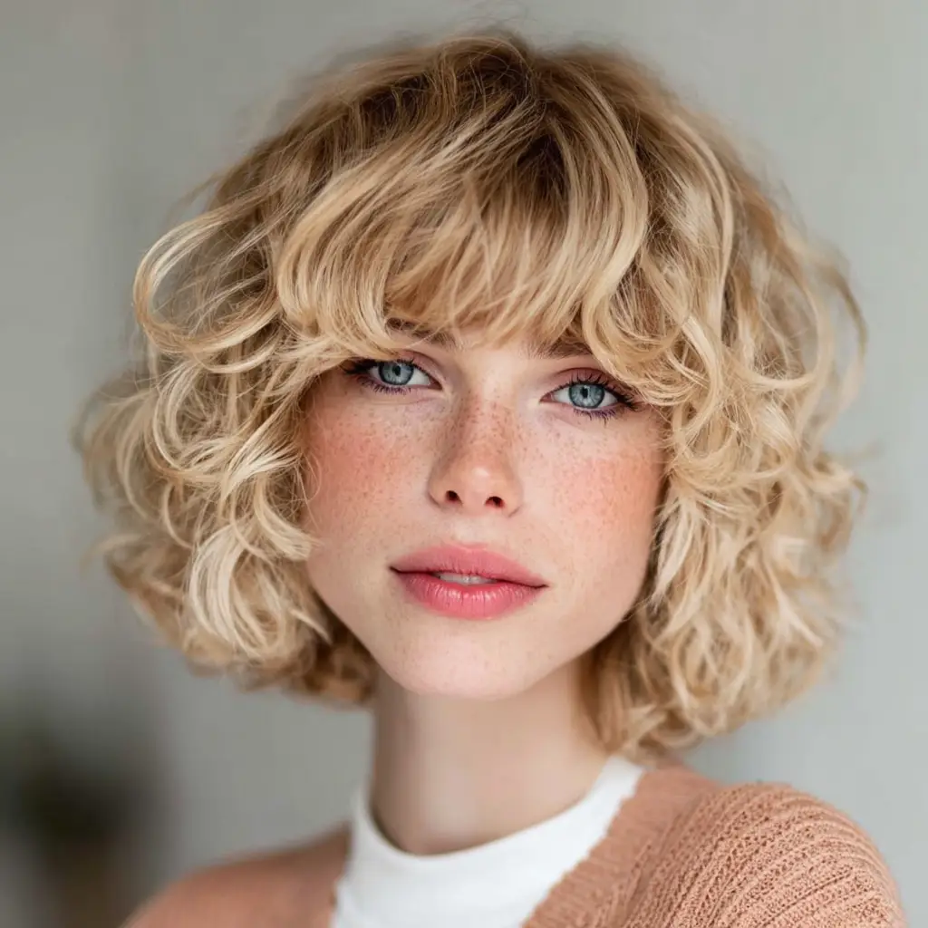 Curly Bangs with a Bob Cut