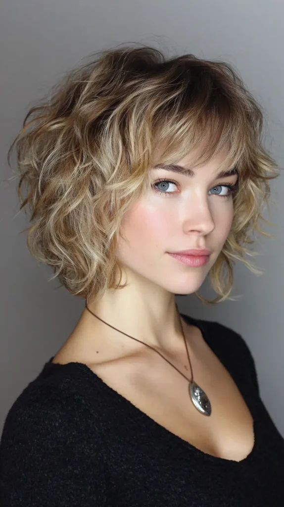 Curly Choppy Bob with Bangs