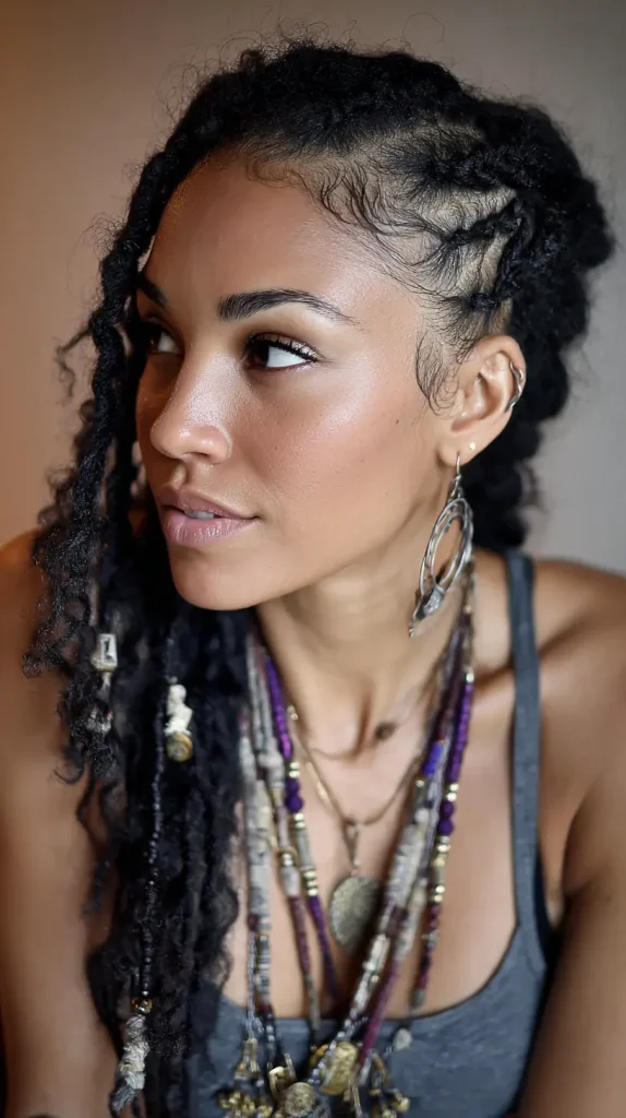 Half Cornrows, Half Loose Hair with Beads