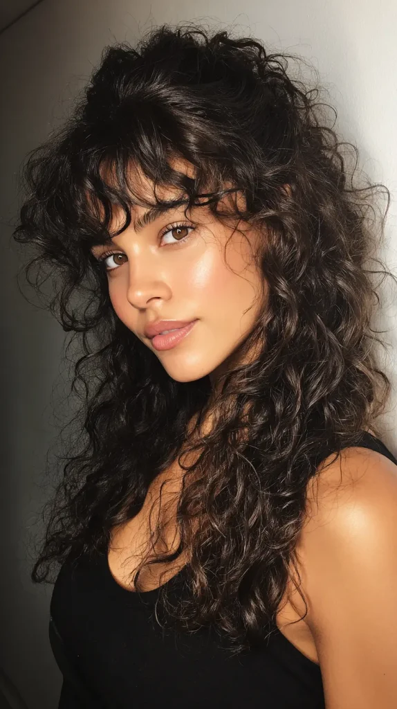 Half-Up Curly Hair with Sleek Bangs