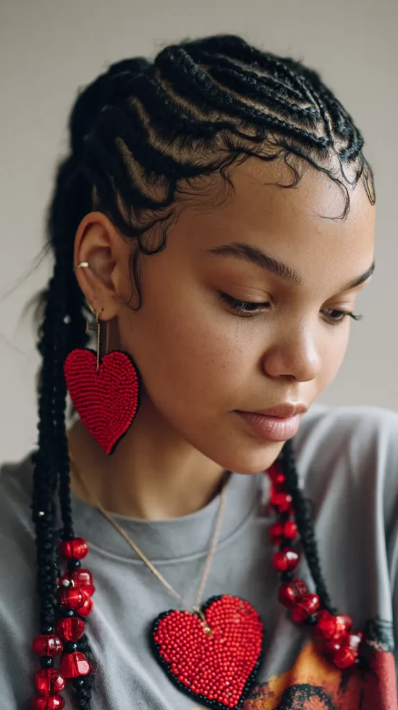 Heart-Shaped Cornrows with Red Beads