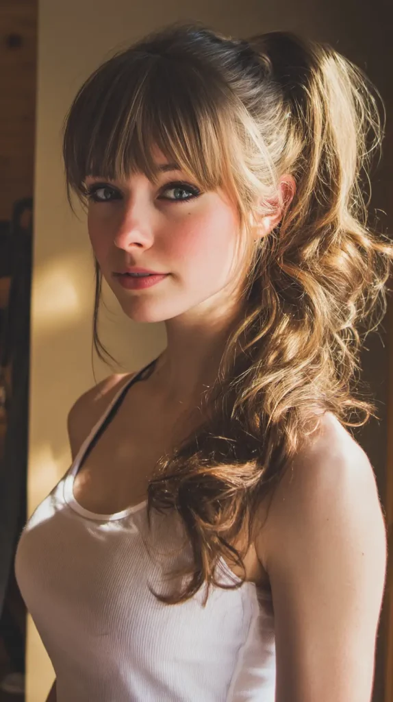 High Ponytail with Side Bangs and Waves
