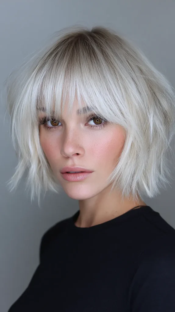 Icy Blonde Bob with Blunt Bangs