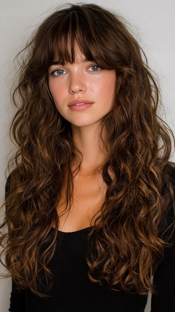Long Curly Layers with Blended Straight Bangs