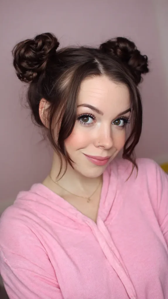 Low Space Buns with a Side Part