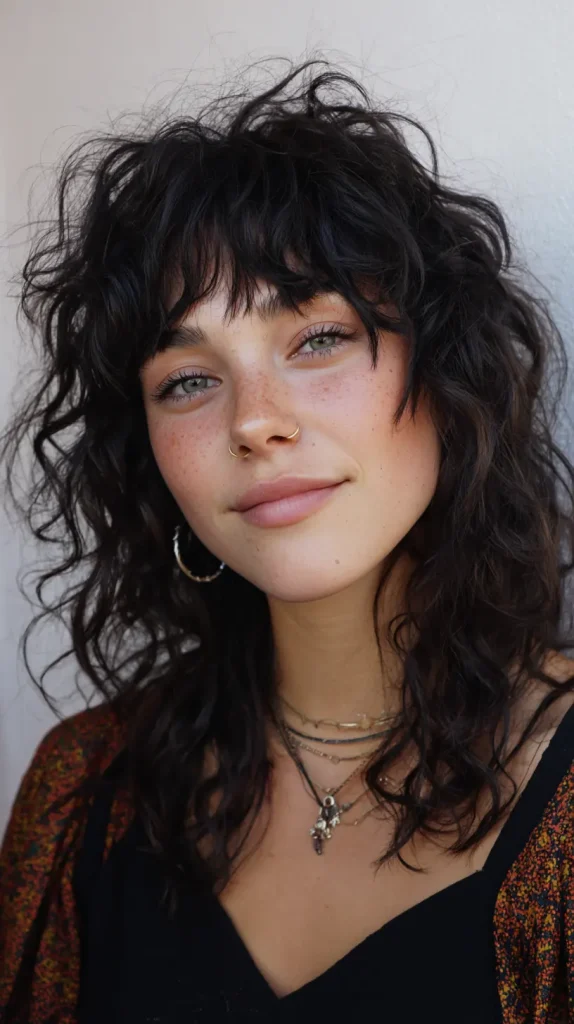Messy Curls with Textured Straight Fringe