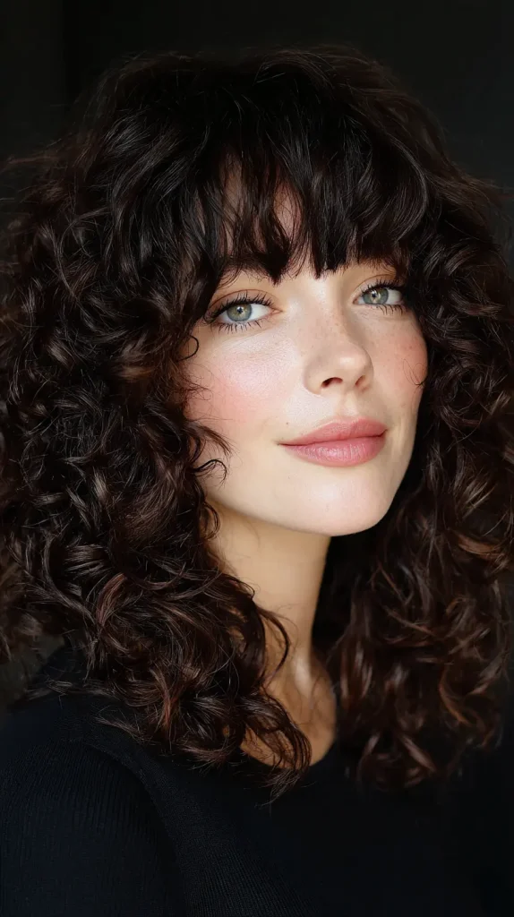 Shoulder-Length Curls with Feathered Bangs