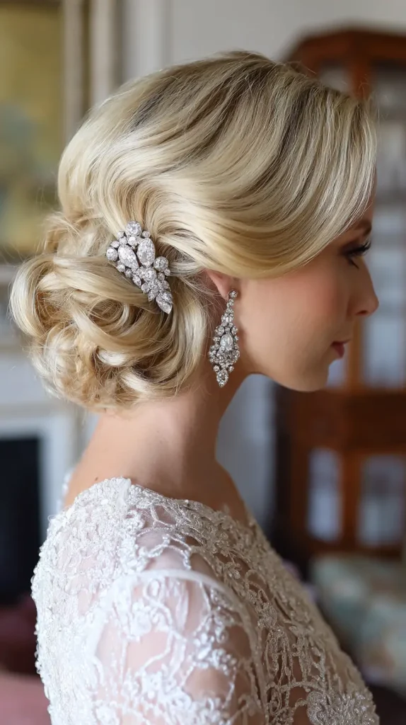 Side Bun with Glam Wave Fringe