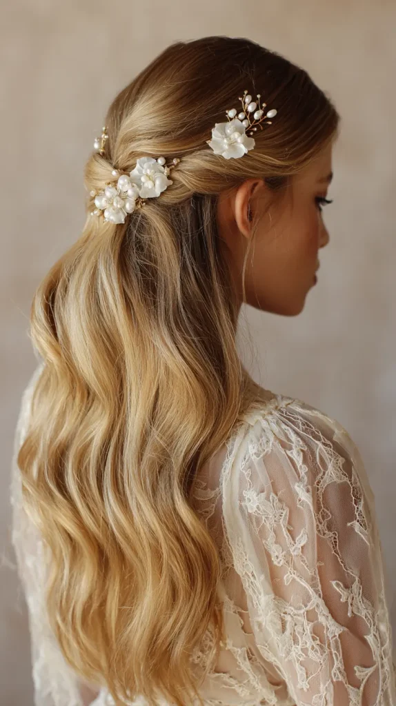 Soft Waves with Floral Hair Pins