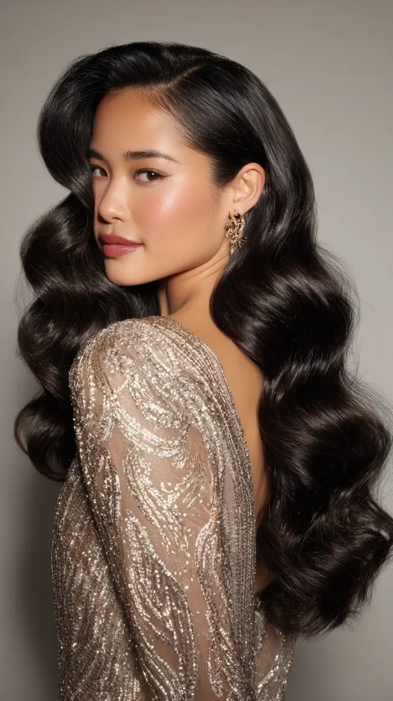 Tucked-Back Glam Waves with Ear-Length Volume