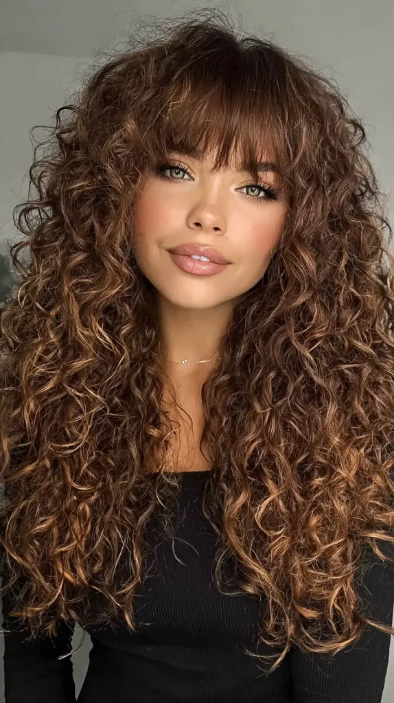 Voluminous Curls with Long Straight Bangs