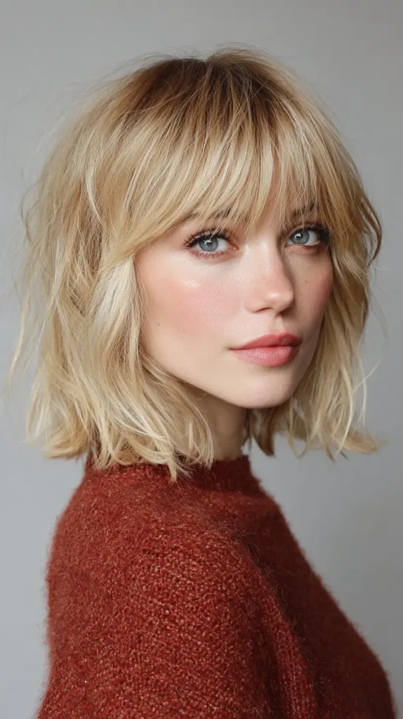 Warm Blonde Choppy Bob with Curtain Bangs